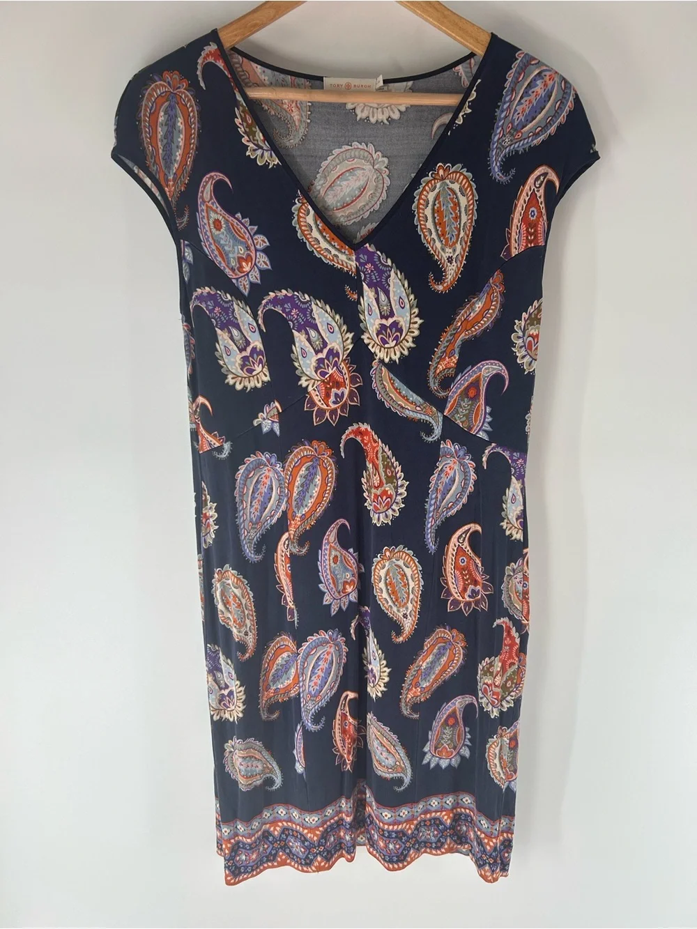 Tory Burch Silk Navy Paisley V-Neck Midi Dress with Orange and Purple Motif